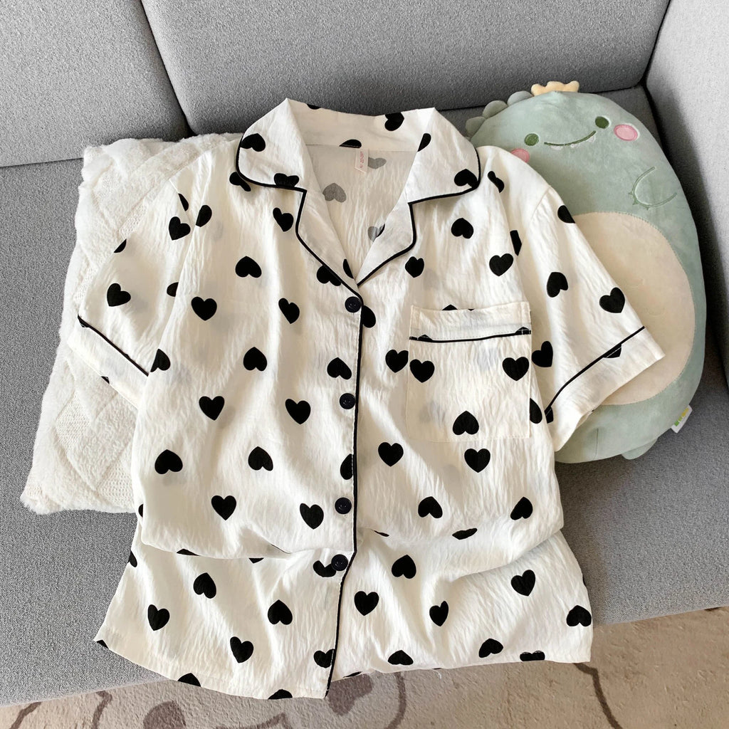 Women's Summer Thin Pajamas with Heart-Shaped Pattern, Short-Sleeved Shorts, Sweet and Cute, Can Be Worn Outside in Summer, Two-Piece Home Wear Set