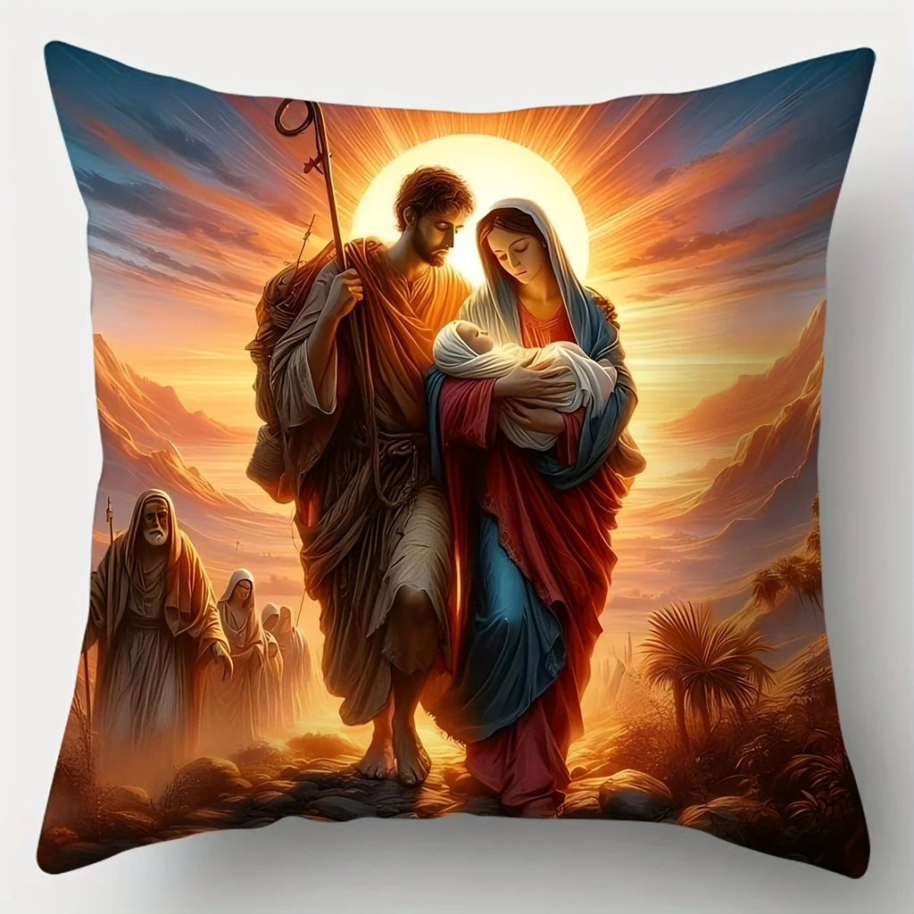 4Pcs Traditional Christmas Pillow Covers - Cozy Nativity Scene with Jesus, Ox Sheep Pattern,Woven Polyester for Living Room Home