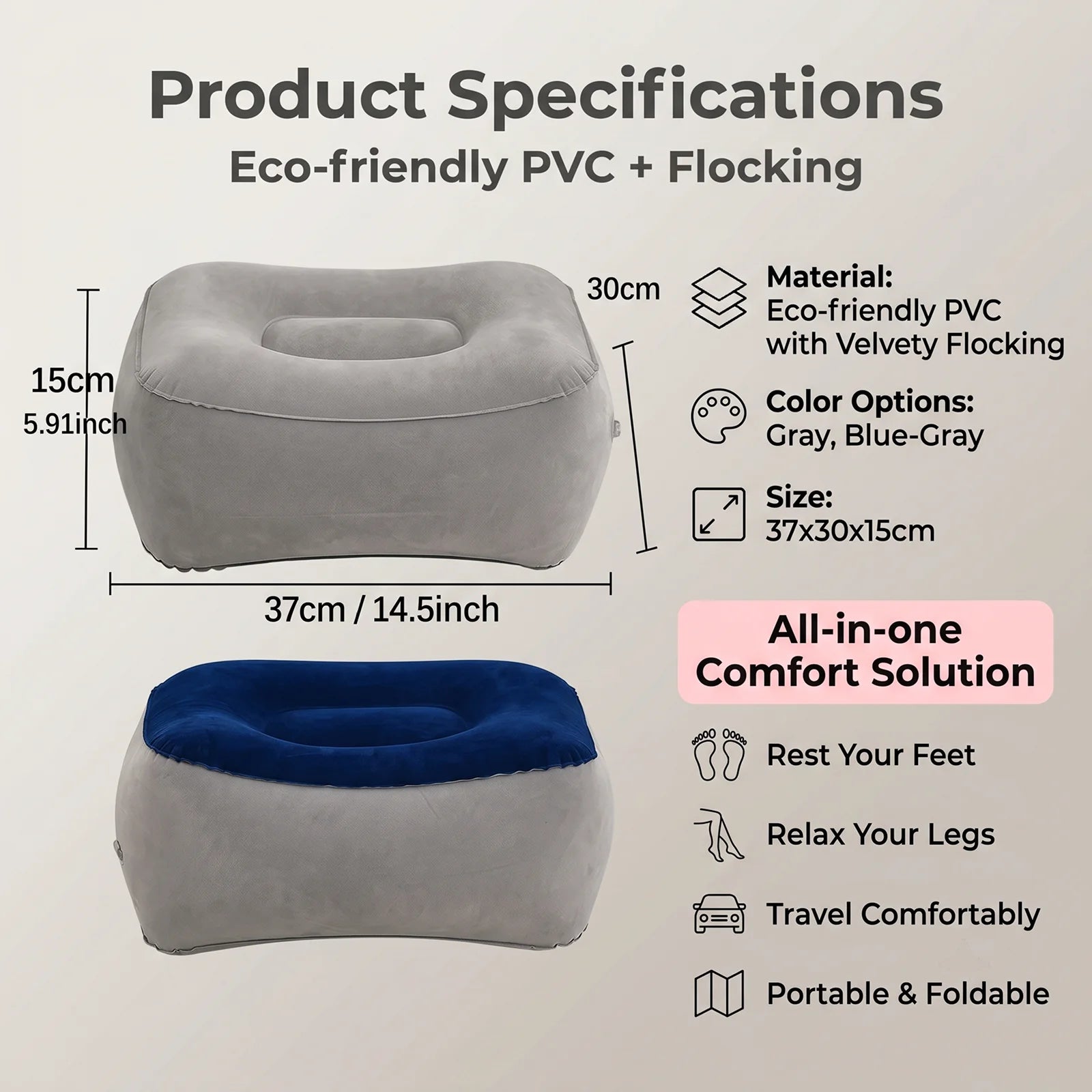 Inflatable PVC Footrest Pillow Air Cushion for Travel Office Home Leg up Relaxing Foot Rest under Desk Support