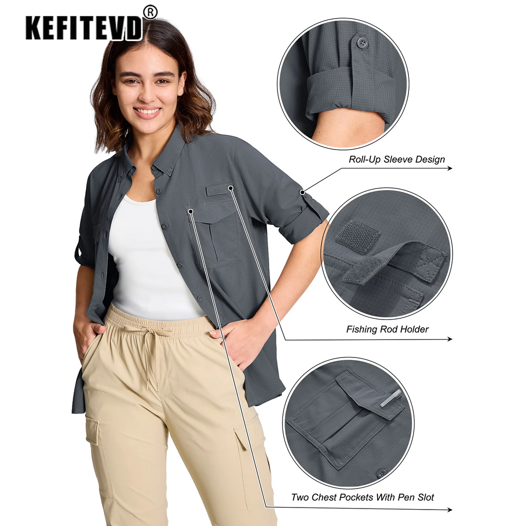 KEFITEVD Women's UPF 50+ Breathable Fishing Shirts Sun Protection Lightweight Shirt Soft Outdoor Hiking Athletic Camping Tops