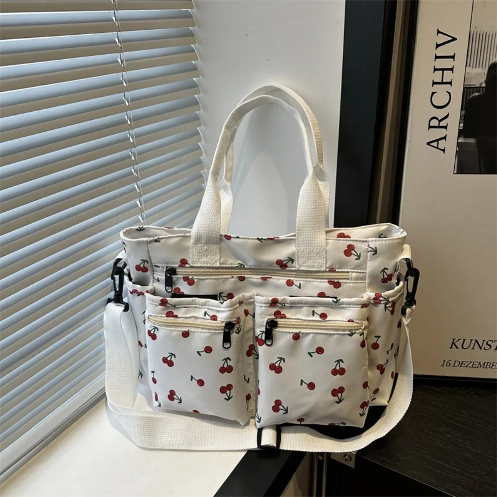 Casual Large Capacity Tote Bag Multi-Pocket Adjustable Strap Crossbody Bag Cherry Print Waterproof Shopping Bag