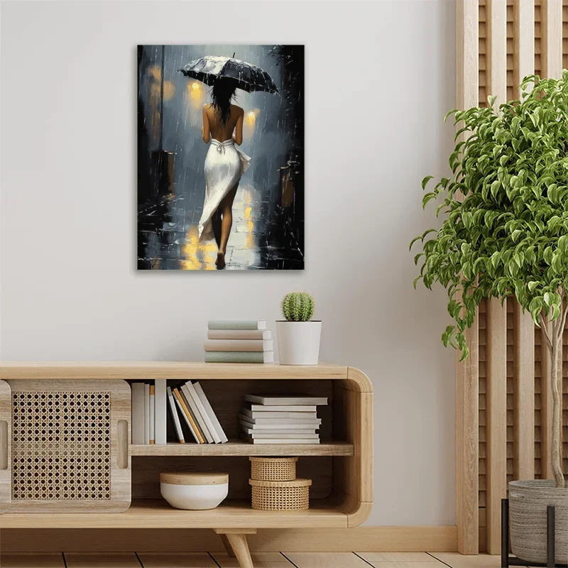 [Elegant Style] Romantic Rainy Night Canvas Art with Unframes –Elegant Umbrella Street Scene, Perfect for Living Room,Bedroom