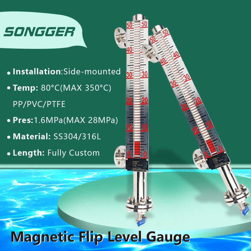 Side Mounted Magnetic Flip Level Gauge for Tanks Direct Reading Float Indicator SS304 316L PP PVC PTFE 80℃ 1.6MPa Custom Length