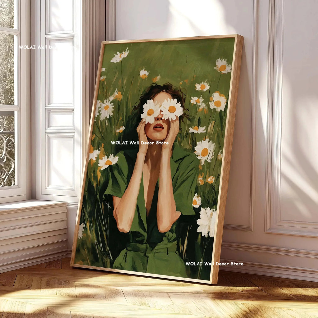 Green Abstract Figures Canvas Print with Flower Woman Minimalist Japandi Female Portrait Art Poster for Modern Living Room Decor