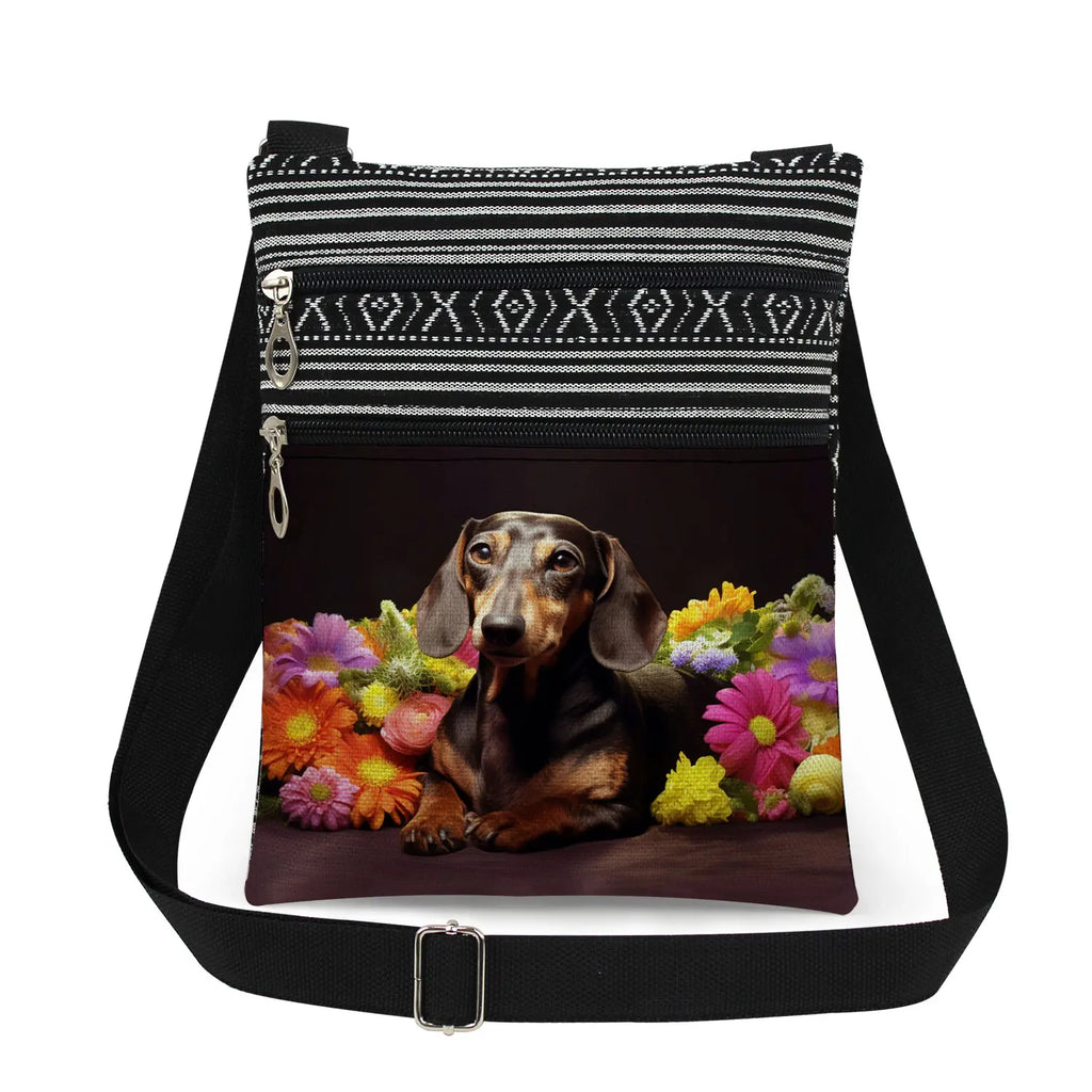 Cute Dachshund Print Crossbody Bag Female Floral Animal Shoulder Bags Fashion Outdoor Portable Double Zipper Lady Messenger Bag