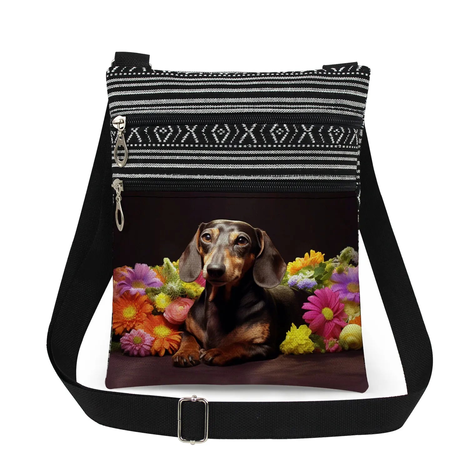 Cute Dachshund Print Crossbody Bag Female Floral Animal Shoulder Bags Fashion Outdoor Portable Double Zipper Lady Messenger Bag