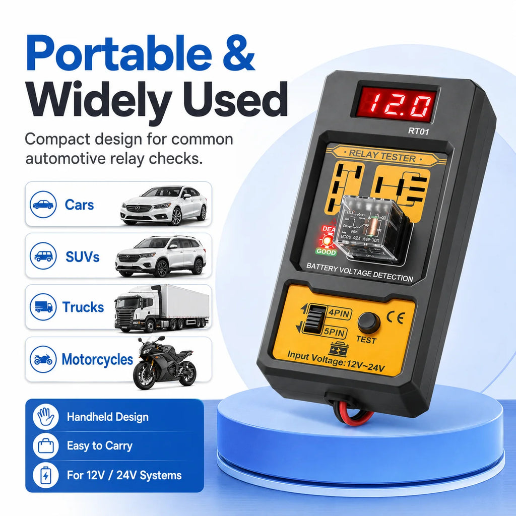 RT01 Car Relay Tester with Battery Clamps, 12V Universal 4/5 Pin Relay Test Tool, Heavy-Duty Automotive Electrical Diagnostic Eq