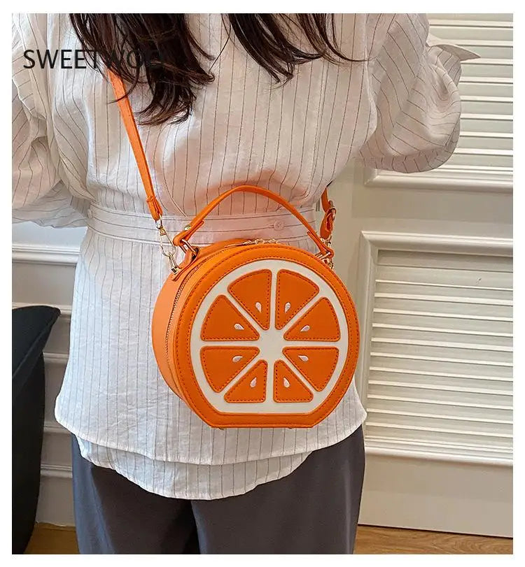 Novelty Lemon/orange Slice Crossbody Bag, Cute Fruit Shaped Pu Leather Purse with Top Handle