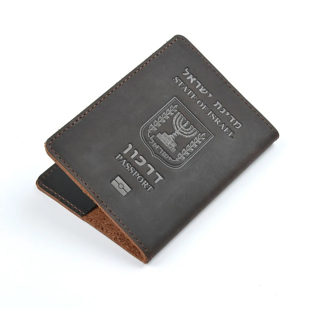 AIGUONIU Genuine Leather Israeli Passport Cover for Israel Credit Card Holder Hebrew Passport Case Unisex Travel Wallet