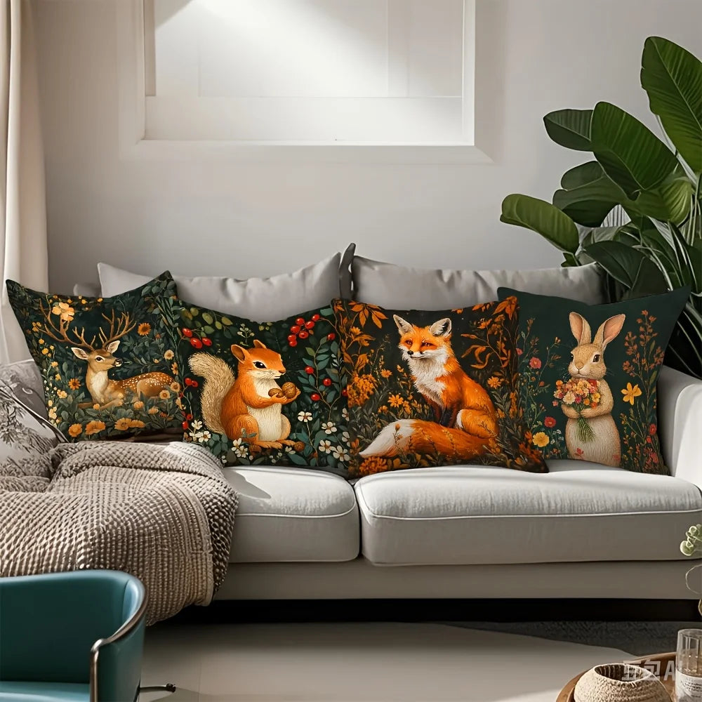 4-Piece Printed Animal Pillowcase Set – Vintage Nature Style with Deer, Squirrels, Foxes, Rabbits, Flora & Berries