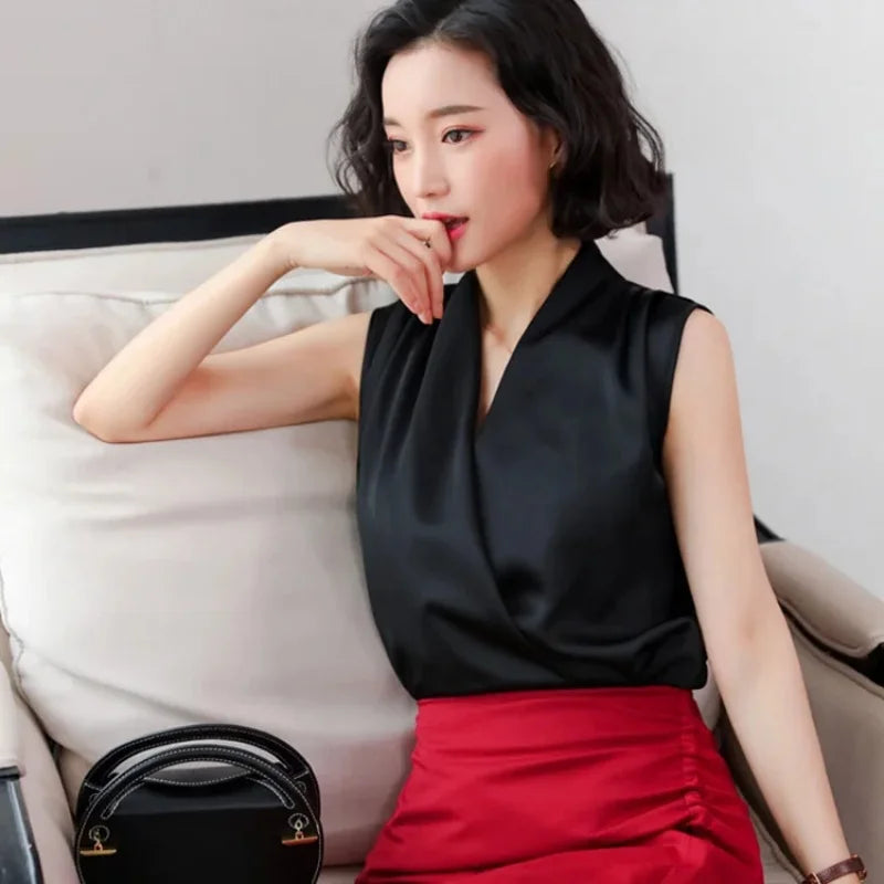 White V-neck satin shirt workplace commuting suit high-end top professional wear white shirt women in summer