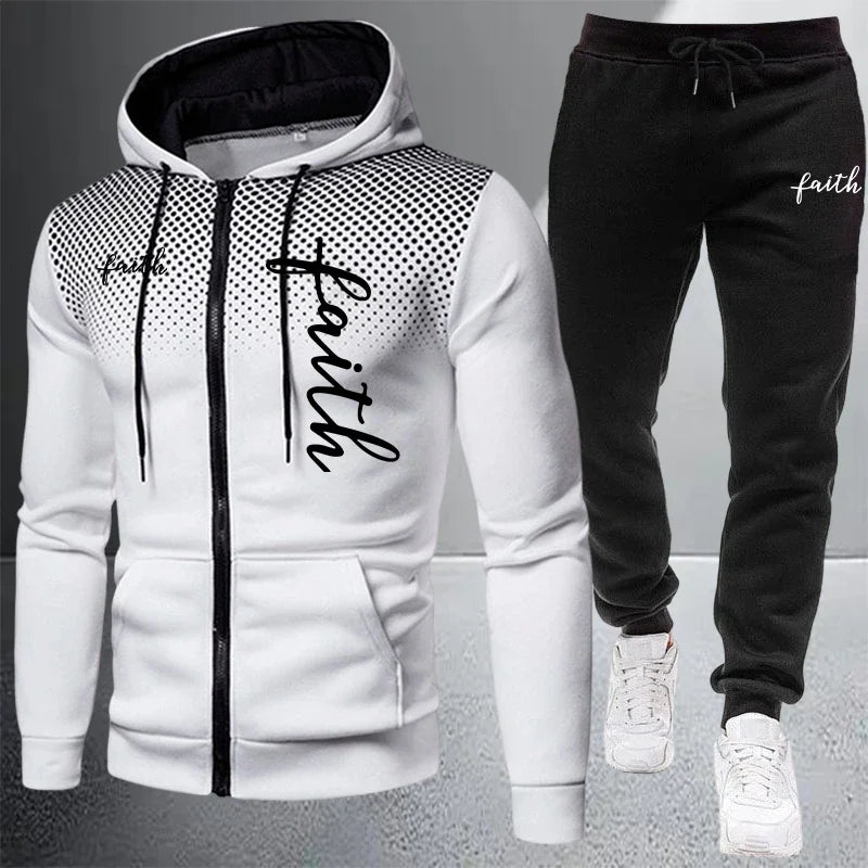 Autumn Winter Men's Jacket Tracksuit Printed Casual Zip Hooded Sweatshirt Coat Outdoors Sports Jogging Clothes Single Tops Pants