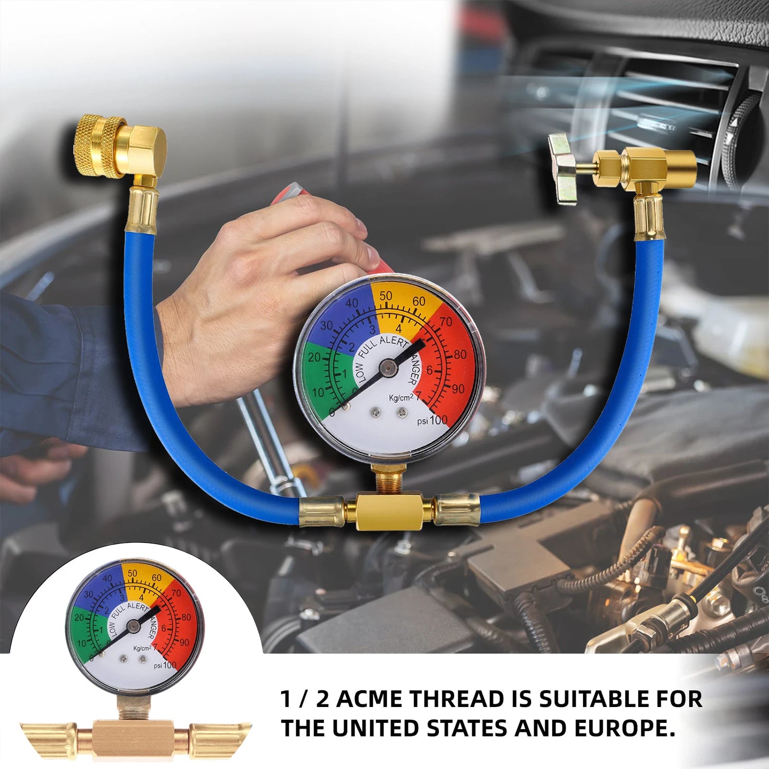 R134A Refrigerant Charge Hose Kit, 1/2’’ Self-Sealing Valve Can and Recharge Hose with Pressure Gauge for Car Air Conditioning