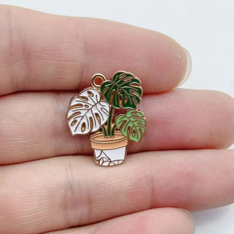 10Pcs Mixed Potted Plant Leaf Enamel Charms Alloy Small Pendants DIY Jewelry Making Accessories