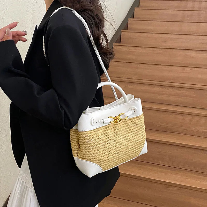Women Contrasting Color Woven Handbag PU Splicing Gold Belt Bucket Cross body Bag French Elegant Vacation Style Travel Bags