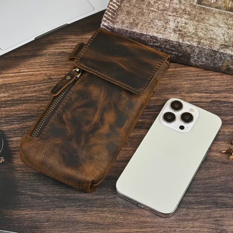 Mad  Leather New Men's Waist Bag Simple Vertical Mobile Phone Bag Trendy  Bar Leather Bag Top Layer Cowhide Belt