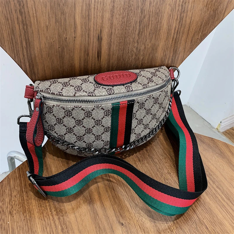 Classic Geometric Pattern Fashion Crossbody Bag Lightweight Zipper PU Adjustable Striped Strap Waist Bag for Commute