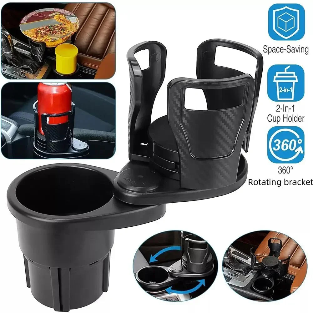 Double-Deck Car Cup Holder 360° Rotating Split Design Adjustable 73-150mm for Truck SUV Center Console with Sponge Pad