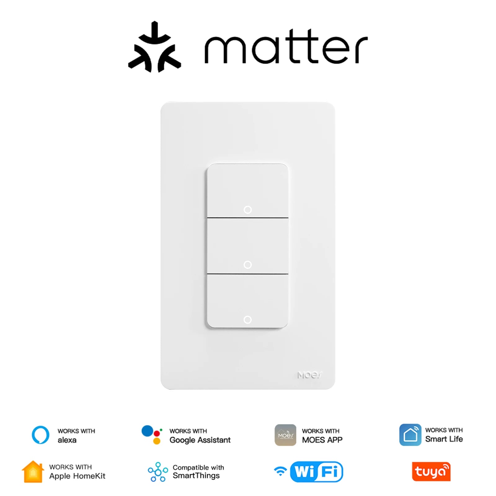 MOES Tuya Matter WiFi Smart Light Button Switch App Control Neutral Wire Required Grounding Design Alexa Google Home Apple Home