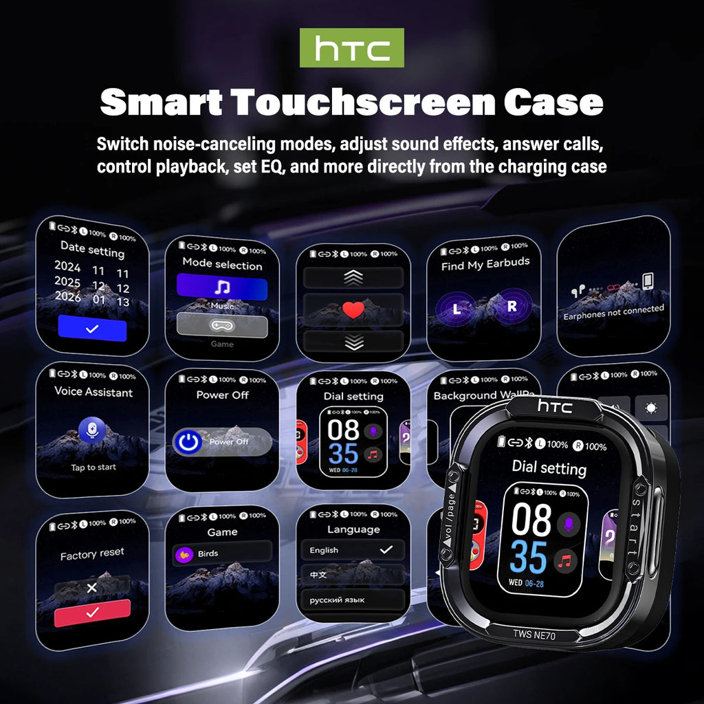 HTC NE70 Bluetooth Headphones Smart Touchscreen Wireless Earphones AI Translator Earbuds Gaming Headset HD Bass Stereo Sound