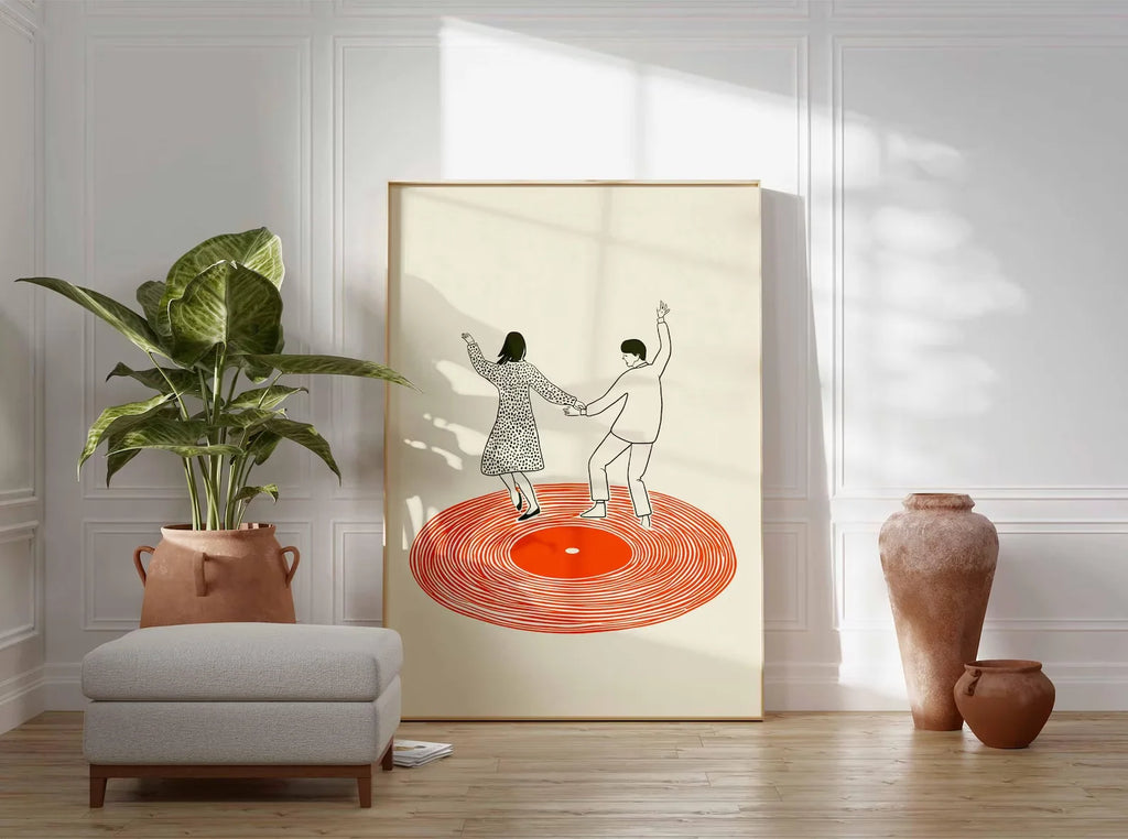 Dancing Couple Wall Art Print, Retro Record Player Poster, Modern Music Inspired Illustration for Home Bar or Living Room