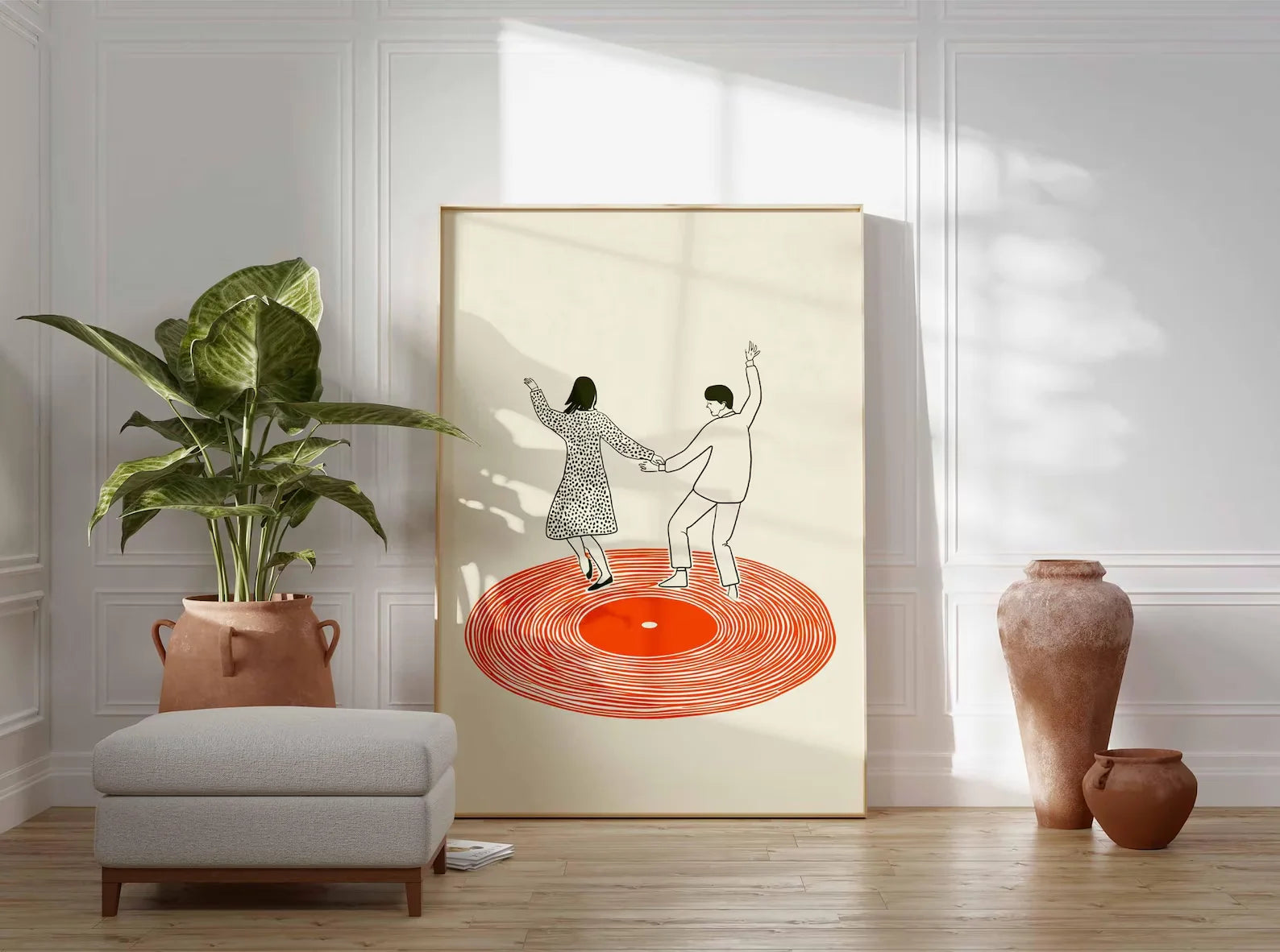 Dancing Couple Wall Art Print, Retro Record Player Poster, Modern Music Inspired Illustration for Home Bar or Living Room