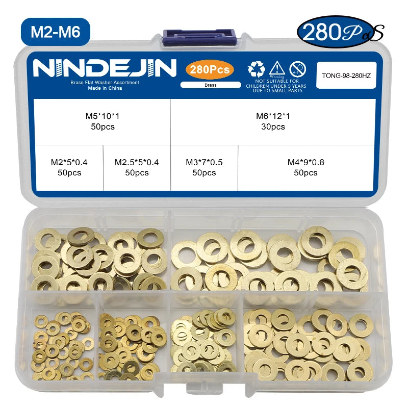 NINDEJIN Brass Flat Washer Set 280/315pcs M2-M12 Metric Brass Plain Washer Flat Gasket Fastener Pure Copper Ring for Screw Bolt