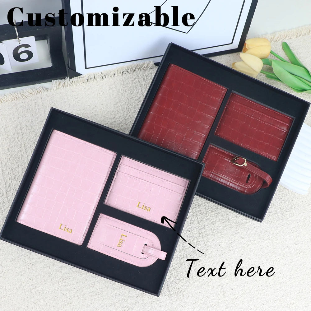 Customized name PU leather luggage tag card bag passport bag gift box zero wallet card bag anti-loss card portable gift