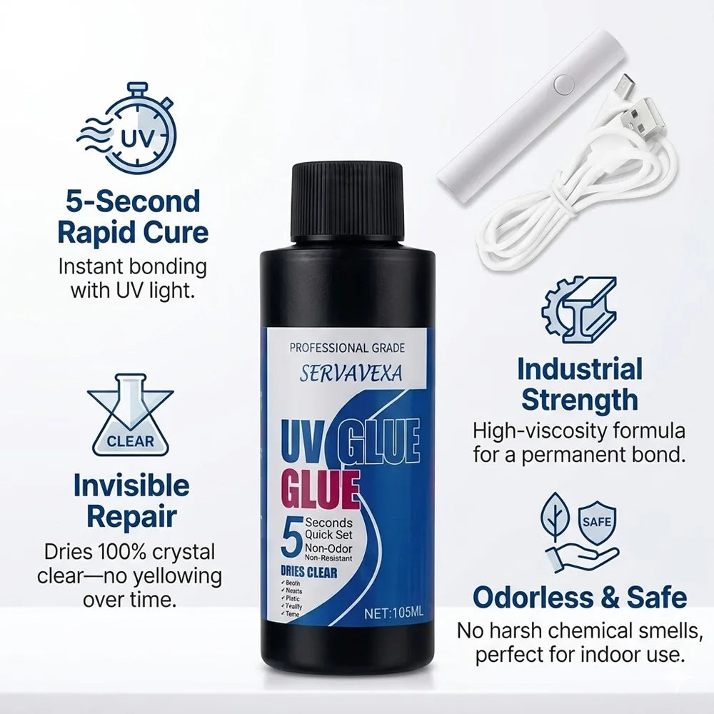 SERVAVEXA UV Glue 5s Quick Curing Resin Clear Hard Adhesive with UV Lamp Light for DIY Jewelry Making Craft Glass Metal Repair