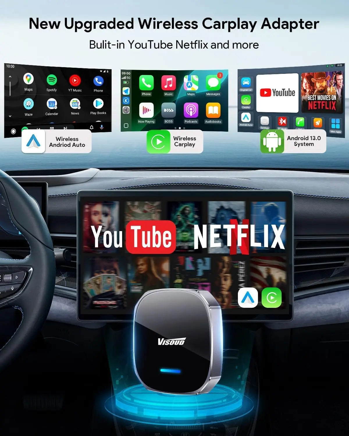 Stream Netflix & YouTube with 3s Auto-Connect – Wireless CarPlay/Android Auto Adapter, Zero-Latency 5.8GHz Wi-Fi, USB-A/C, Plug & Play