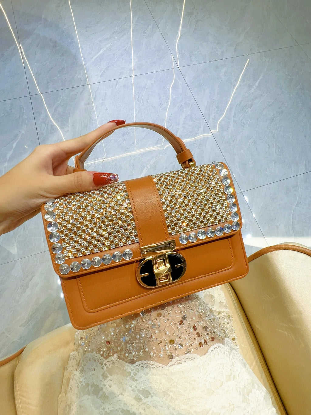 Fashion Textured PU Square Bag Crystal Rhinestones Diamond Women's Handbag Shoulder Messenger Bag Lady Purse Female Casual Bag