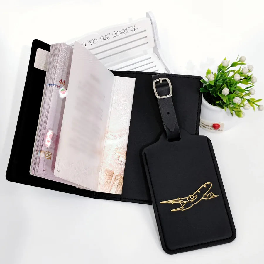 2PCS/Set Aircraft Passport Cover Luggage Tag With Name ID Card Anti-lost PU Leather Wallet Travel Accessories For Flight Lovers