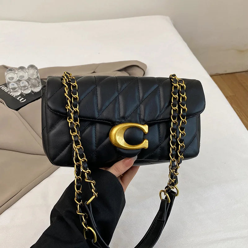 Women Quilted Leather Shoulder Bag Luxury C Logo Gold Chain Crossbody Bag Designer Small Flap Handbag Vintage Black Evening Clut