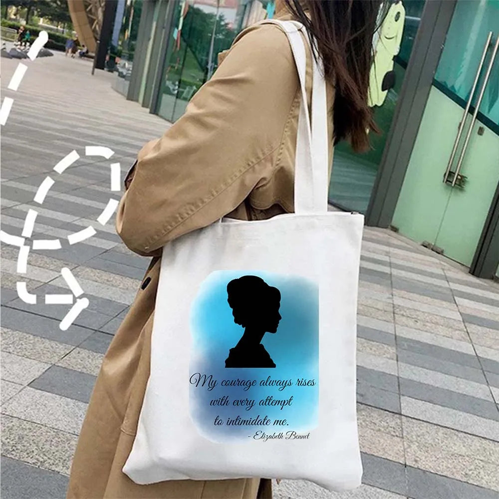 More Pride Less Prejudice Jane Austen Pride Prejudice Elizabeth Darcy Book Bennet Cartoon Shopper Canvas Tote Bag Cotton Handbag