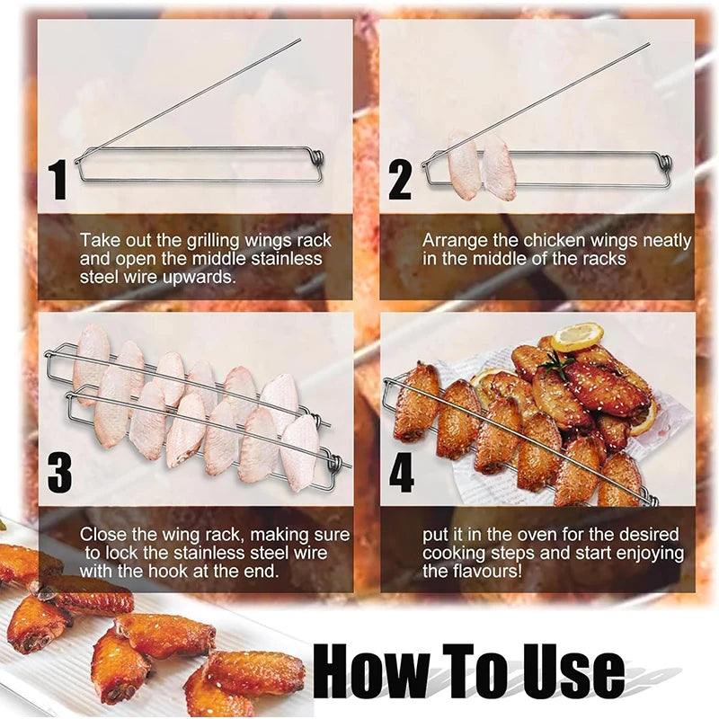 4Pcs Chicken Wing Rails For Grilling Stainless Steel Clamping Chicken Wing Rack BBQ Wing Rails Grill Chicken Roaster Stand JT585