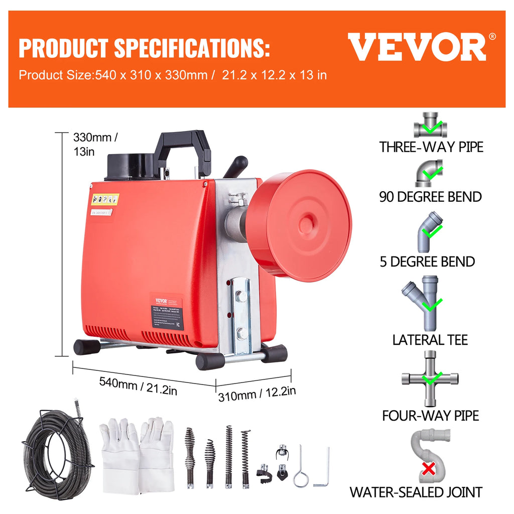 SucceBuy Drain Cleaner Machine 250W Electric Sewer Snake Auger Manual Feed with 7 Cutters 2 Steel Cables CW/CCW Control for Home