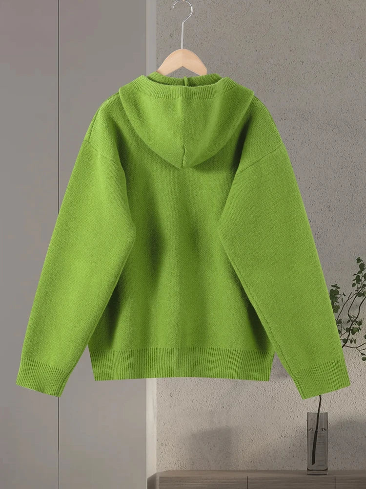 Green Sweater Knitted Women Hooded Casual Long Sleeve Solid Loose Woman Pocket Pullover Jumper 2026 Spring Female Sweaters Top