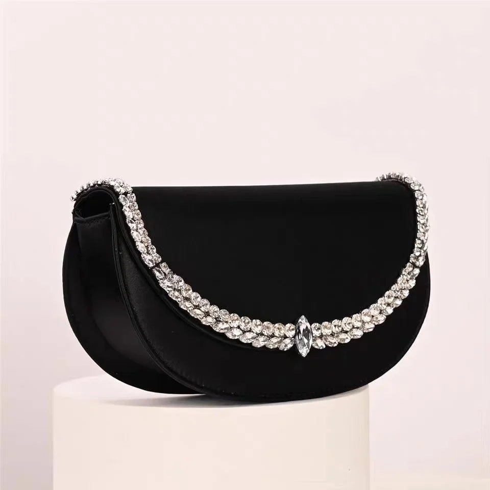 Luxury Satin Moon Bag Glitter Rhinestones Diamond Evening Bag Fashion Women Handbag Wedding Party Clutch Purse Shoulder Bag