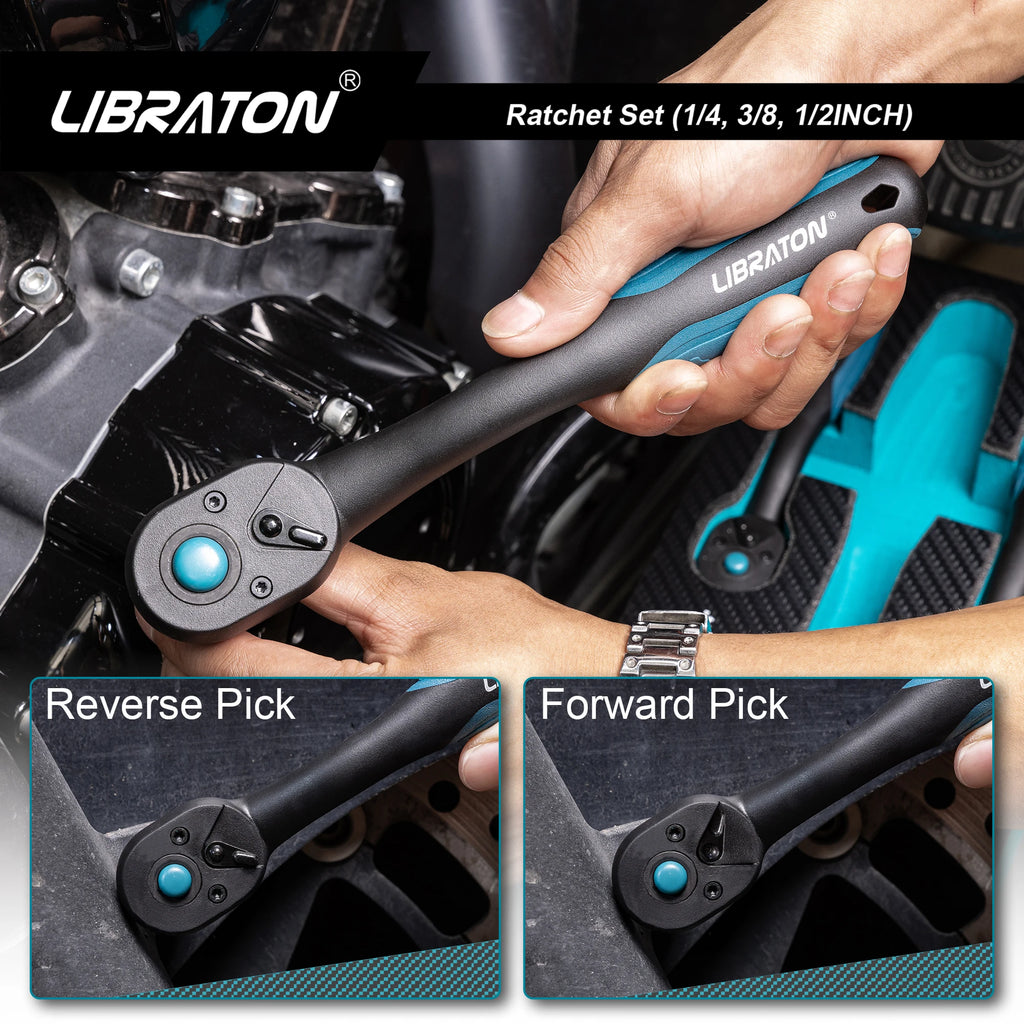 LIBRATON 1/4'' 3/8'' 1/2'' Drive Ratchet Wrench 72-Tooth Quick Release Reversible Ratchet Handle Auto Repair Tool Home DIY Tools