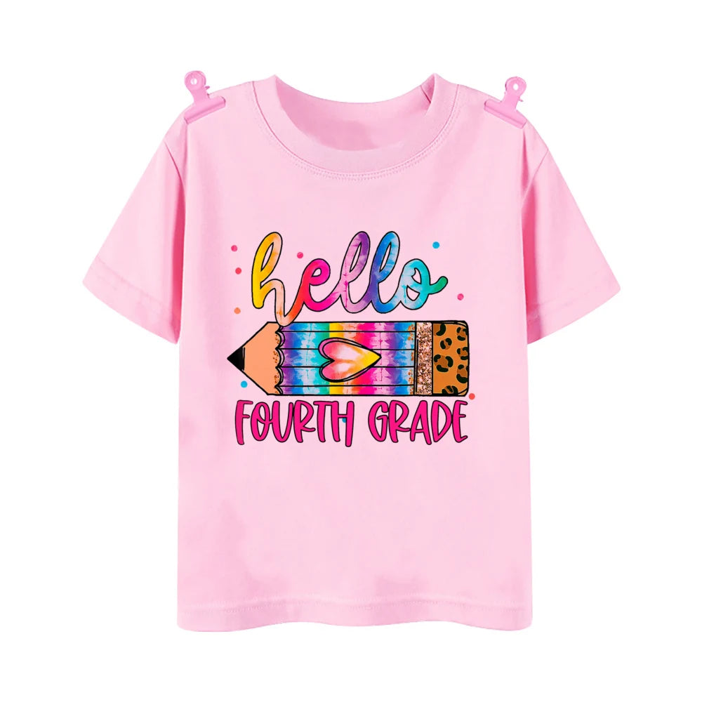 Hello First Grade Leopard Printed Kids Shirt 1-5 Grade Child Back To School Outfit  T-shirt Boys Girls Short Sleeve Tee Clothes
