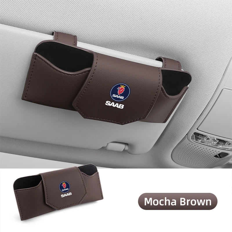 Magnetic Leather Storage Sunglasses Case Car Sun Visor Holder For SAAB Turbo X Monster 9-2X GT750 92 Sweden Decal