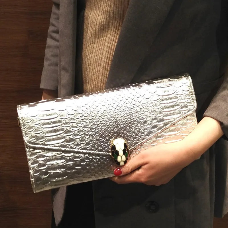 Women Snake Embossed Clutch Bag Elegant Jewelry Inspired Lock Luxury Chain Shoulder Bag 2026 Trend Envelope Party Evening Purse