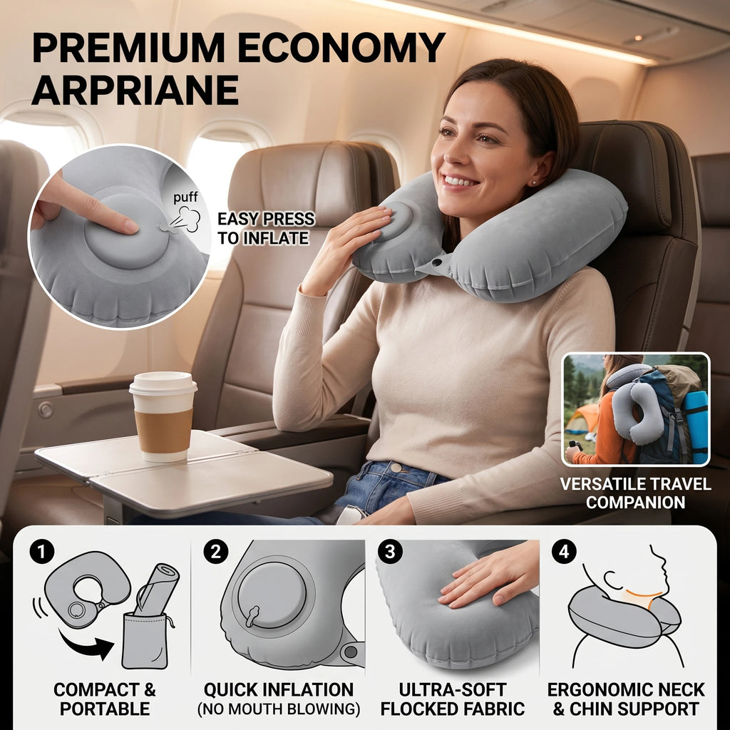 U-shaped Flocking Inflatable Pillow Portable Pillow Auto Inflation Compression Neck Pillow for Outdoor Travel Camping & Hiking