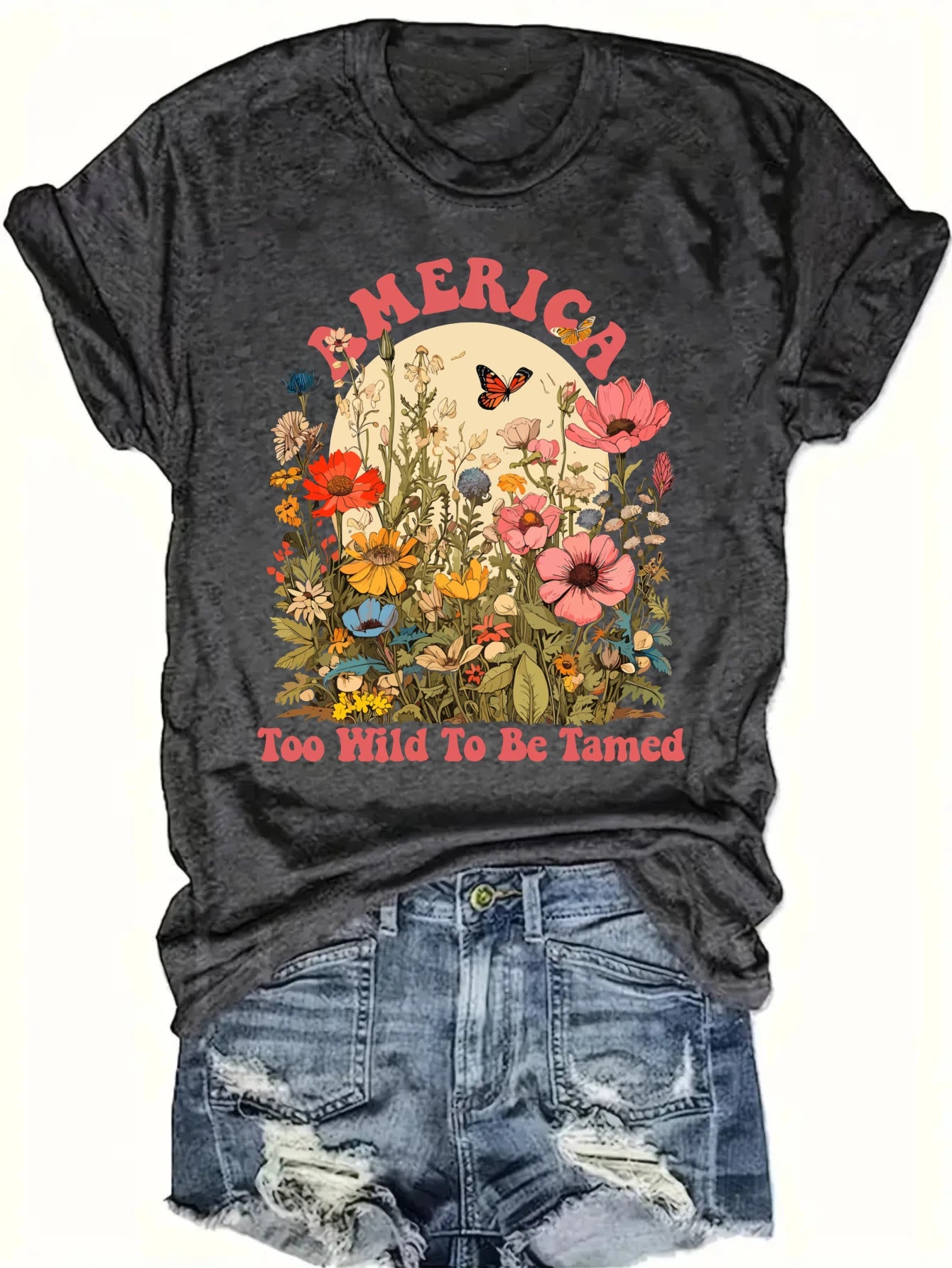 Women's plus size tank top America Wild Flowers Butterfly Text Suitable for sports and daily wear sleeveless casual top, summer