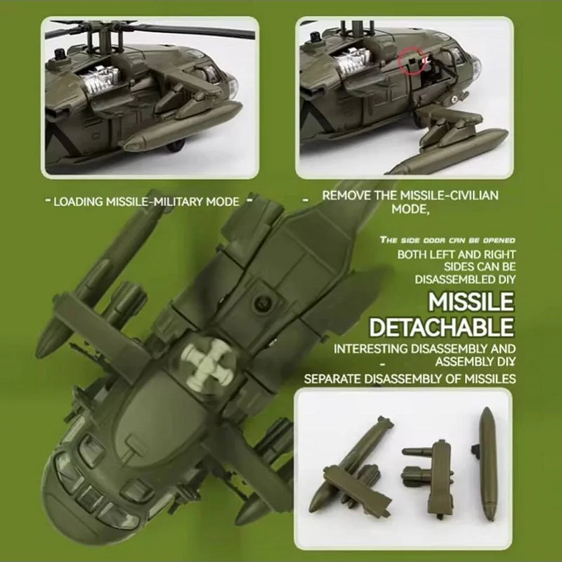 UH-60 Combat Helicopter Simulation Diecast & Toy Vehicles Sounds & Light 1:64 Alloy Military Collection Model Metal Airplane