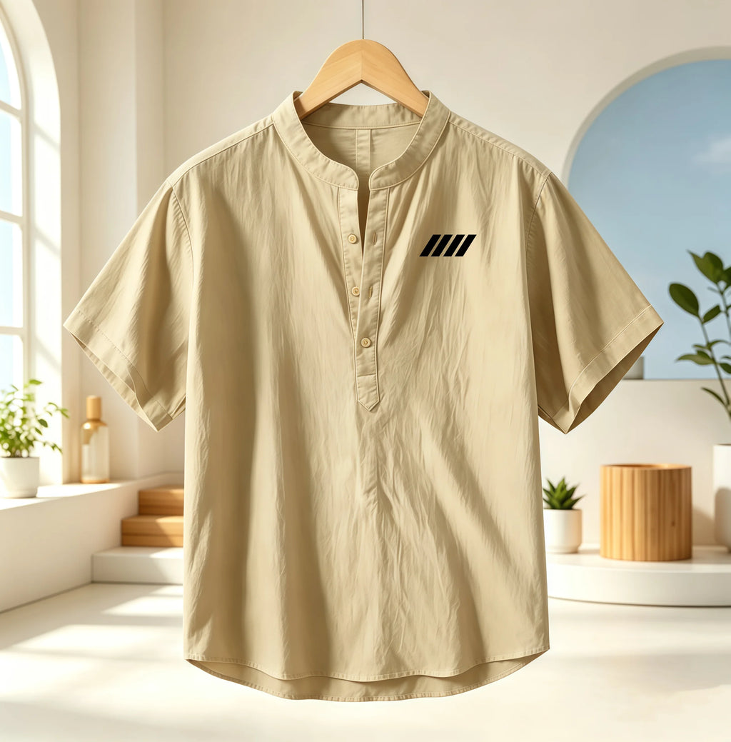 Men's cotton and linen Henry collar short sleeved shirt, geometric print breathable casual top, loose stand collar lightweight
