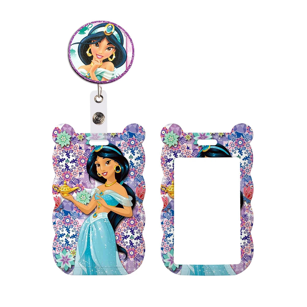 Disney Jasmine Princess Irregular Head Shape Badge Holder Lanyard Keys Chain ID Credit Card Cover Bus Card Holder Glitter Charms