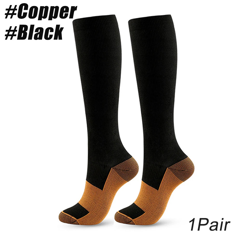 1Pair Unisex Copper Compression Socks Women Men Anti Fatigue Pain Relief Knee High Stockings 15-20 mmHg Graduated  for Running