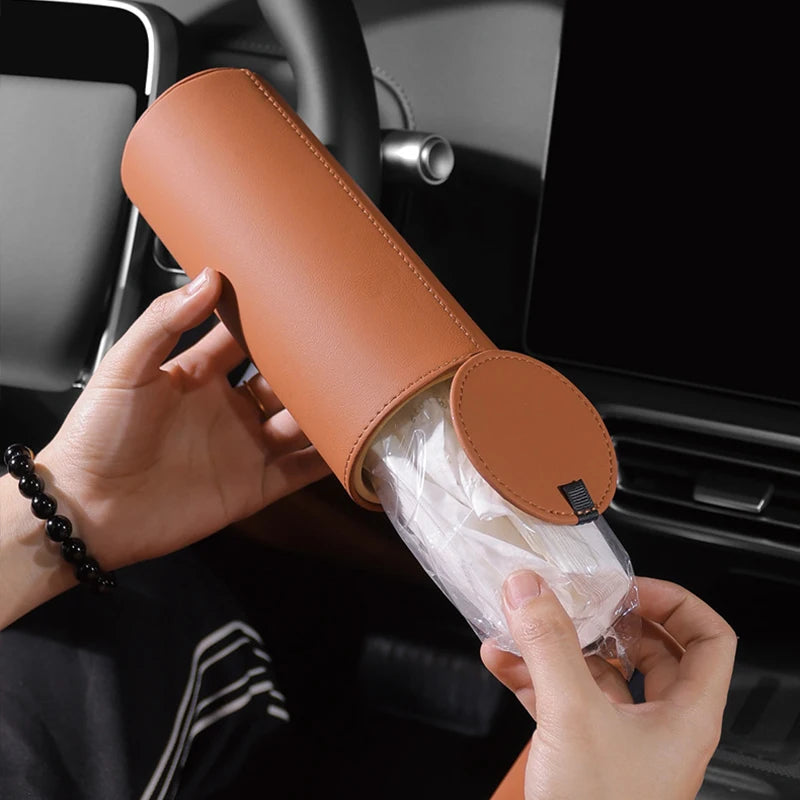 1Pc Universal Cylinder Car Tissue Box Luxury PU Leather Napkin Holder for Cup Holder Storage Case Suitable for Tesla Audi Merced