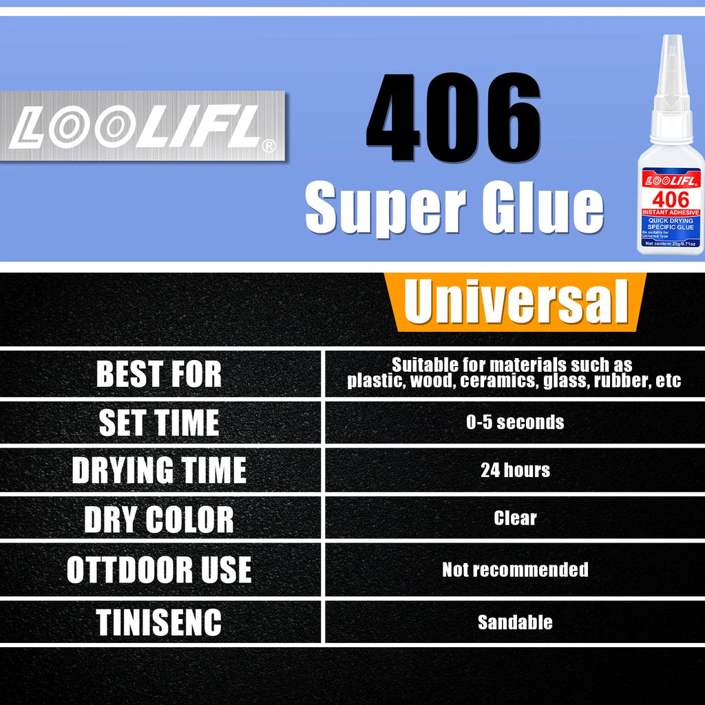 LOOLIFL 5PCS 20g 406 Super Glue Instant Quick-Drying Cyanoacrylate Adhesive Leather Rubber Wood  Metal Strong DIY Home Repair